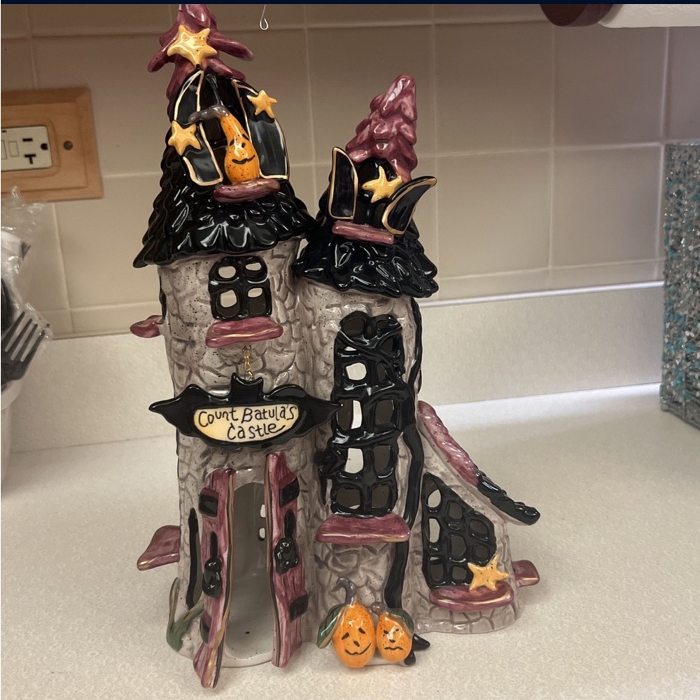 Blue Sky Clayworks Halloween Vampire Batulas Castle Tealight Candle Holder